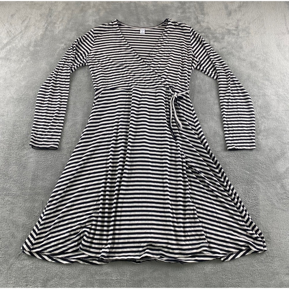 Old Navy Womens Medium Navy Blue White Striped Long Sleeve Knit Wrap Dress